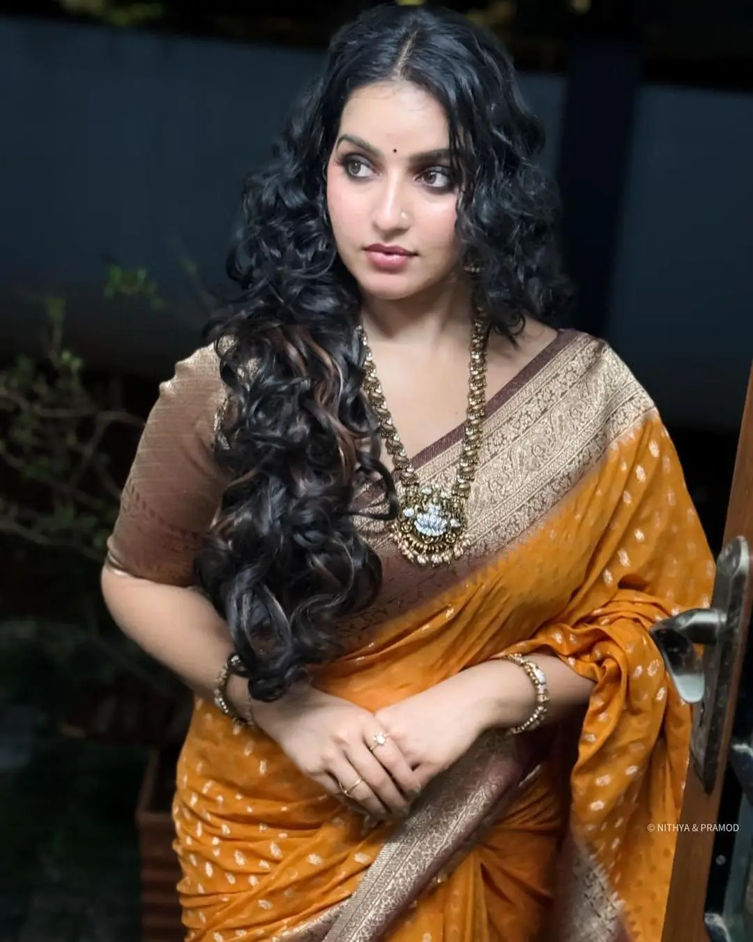 MALAYALAM GIRL MALAVIKA MENON IN ORANGE SAREE MAROON BLOUSE